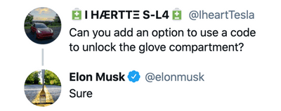 Tweet asking Elon Musk to add a new Tesla feature